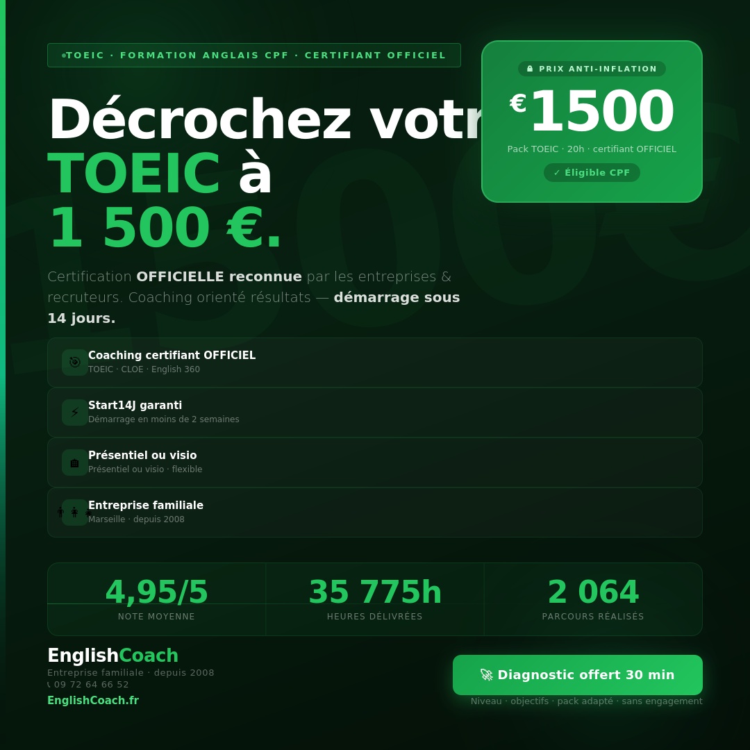 CPF 1500€ Anti-Inflation:Formation Anglais TOEIC 4 Skills 20H | CPF Accepté